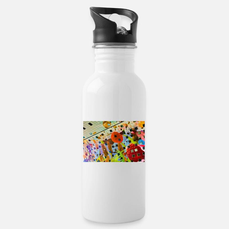Fröhliches farbiges Blumendekor-Design - Trinkflasche mit integriertem Trinkhalm - Weiß