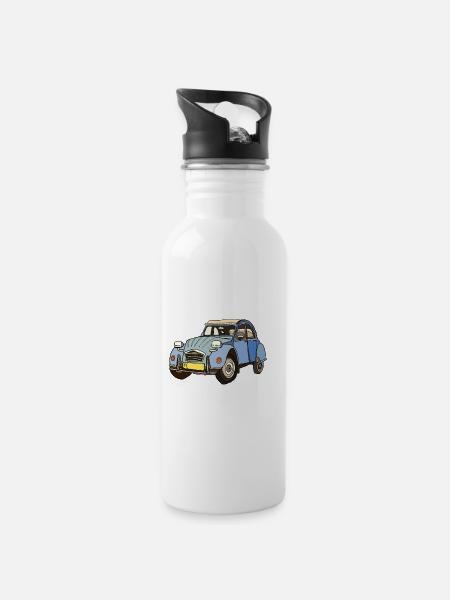 Blaues Vintage Auto Cartoon - Trinkflasche mit integriertem Trinkhalm - Weiß
