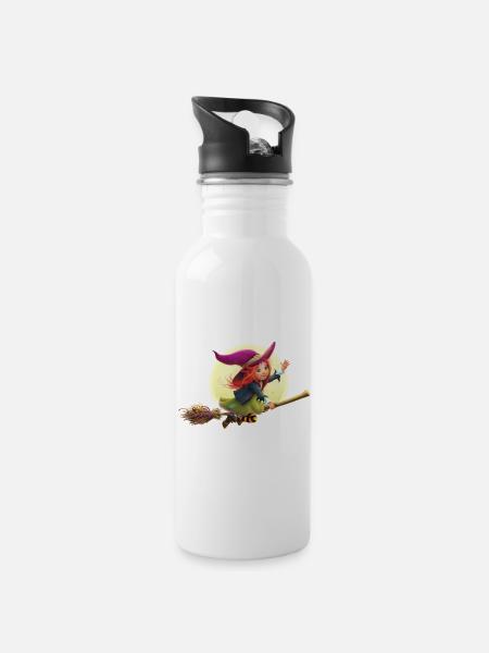 Die kleine Hexe Elfriede - Trinkflasche mit integriertem Trinkhalm - Weiß