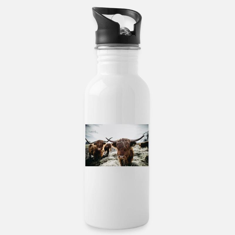 Schottisches Hochlandrind - Trinkflasche mit integriertem Trinkhalm - Weiß