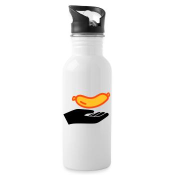Hand reicht Würstchen - Trinkflasche mit integriertem Trinkhalm - Weiß - Rechts
