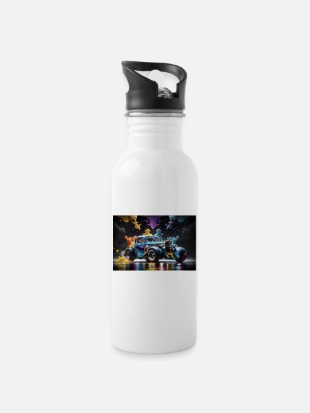 Hot Rod #1 - Trinkflasche mit integriertem Trinkhalm - Weiß