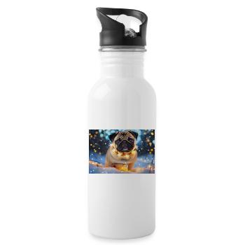 Cute Pug with Christmas Lights - Water bottle with straw - white - Right