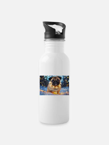 Cute Pug with Christmas Lights - Water bottle with straw - white