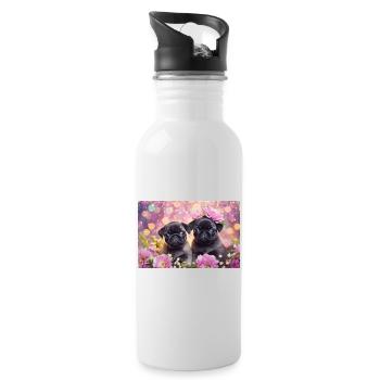 Kleine Hunde mit Blumenkrone - Trinkflasche mit integriertem Trinkhalm - Weiß - Rechts