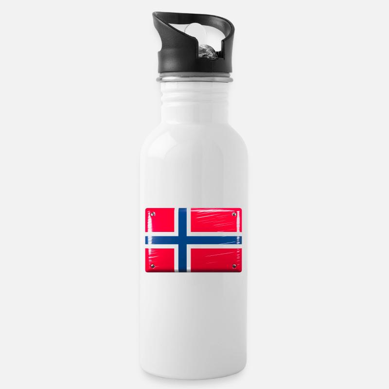 Norwegen Flagge Fahne Blechschild-Optik - Trinkflasche mit integriertem Trinkhalm - Weiß