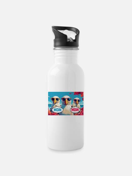 Moin Moin Möwen - Trinkflasche mit integriertem Trinkhalm - Weiß