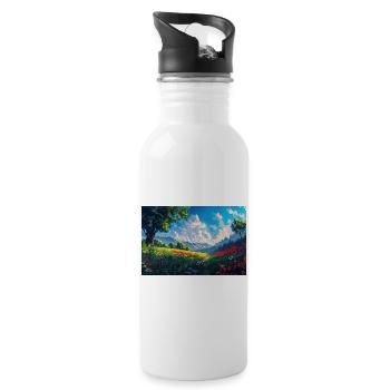 Natur Landschaft Illustration Poster - Trinkflasche mit integriertem Trinkhalm - Weiß - Rechts