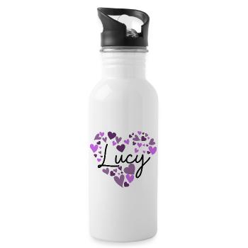 lucy Namensdesign mit herzförmigen lila Herzen - Trinkflasche mit integriertem Trinkhalm - Weiß - Rechts