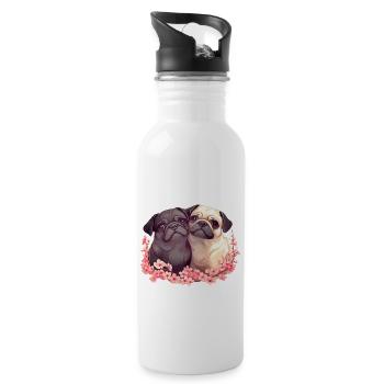 Cute pug couple - Water bottle with straw - white - Right