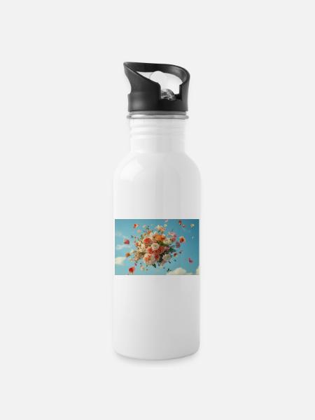 Schwebender Blumenkorb im Wolkenhimmel - Trinkflasche mit integriertem Trinkhalm - Weiß