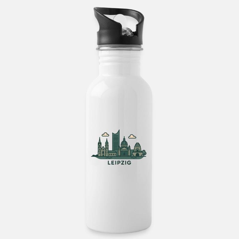 Leipzig Skyline - Trinkflasche mit integriertem Trinkhalm - Weiß