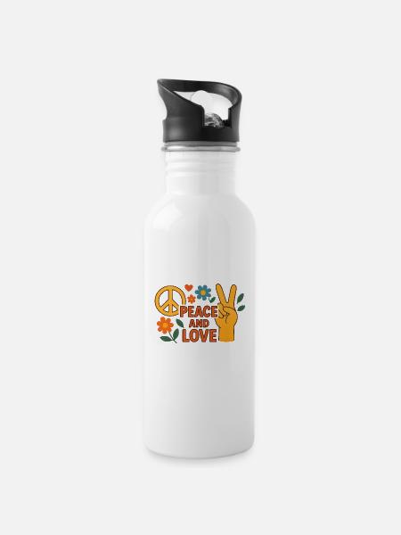 Peace and Love Retro Floral - Trinkflasche mit integriertem Trinkhalm - Weiß