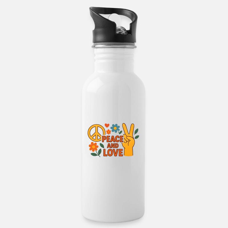 Peace and Love Retro Floral - Trinkflasche mit integriertem Trinkhalm - Weiß