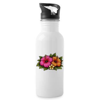 Tropical Hibiscus Flowers - Water bottle with straw - white - Right