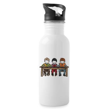 Drei Jungen am Tisch lesen ein Buch – Freundschaft - Trinkflasche mit integriertem Trinkhalm - Weiß - Rechts