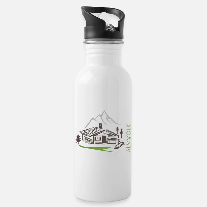 ALMVOLK Almhütte - Trinkflasche mit integriertem Trinkhalm - Weiß