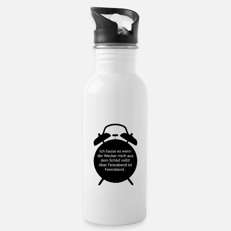 Feierabend - Wecker Design - Trinkflasche mit integriertem Trinkhalm - Weiß