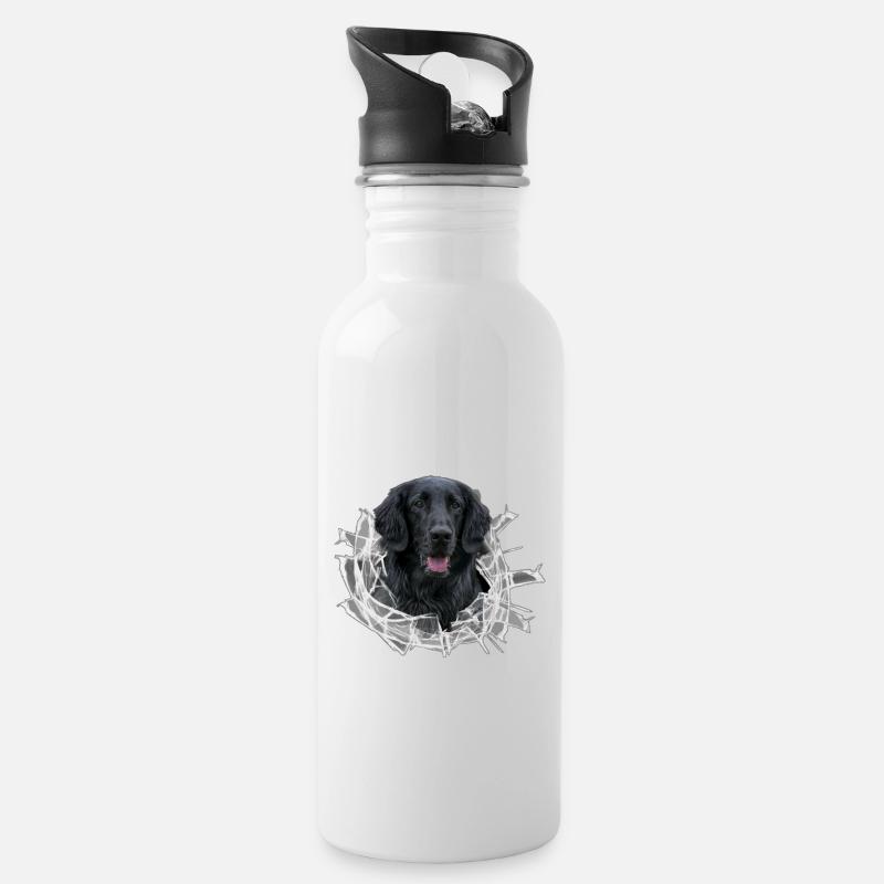 Flat Coated Retriever in glass hole - Water bottle with straw - white