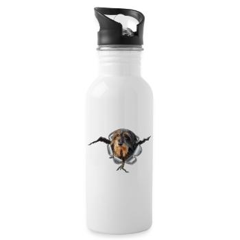 Rauhaardackel im *Metall-Loch* - Trinkflasche mit integriertem Trinkhalm - Weiß - Rechts