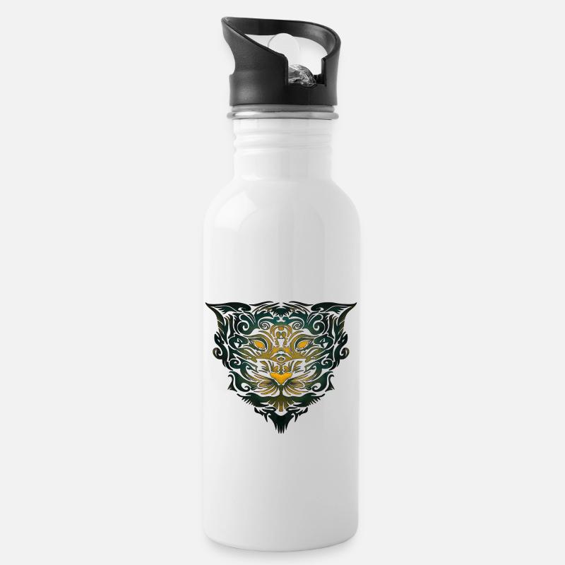 Tigerkopf Tribal (farbig) - Trinkflasche mit integriertem Trinkhalm - Weiß