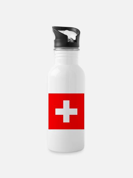 Schweizer Flagge - Trinkflasche mit integriertem Trinkhalm - Weiß