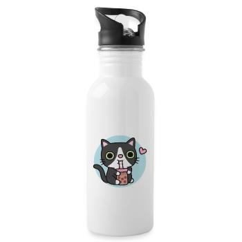 Cute Tuxedo Cat Loves Bubble Tea - Water bottle with straw - white - Right