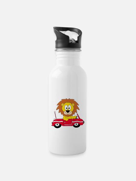 LÖWE - AUTO - TIER - TIERISCH - KIND - BABY - Trinkflasche mit integriertem Trinkhalm - Weiß