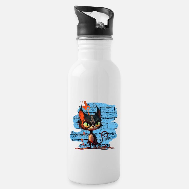 Lustige Katze - Trinkflasche mit integriertem Trinkhalm - Weiß