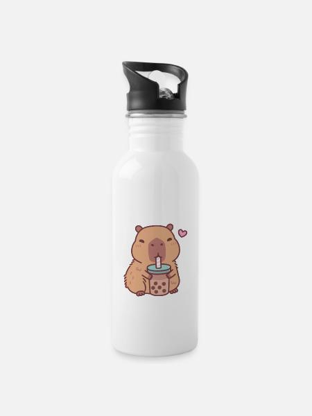 Cute Capybara Loves Drinking Bubble Tea - Water bottle with straw - white