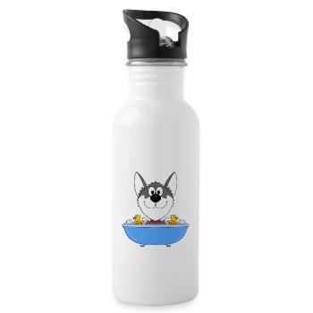 HUSKY - HUND - SCHLITTENHUND - WOLFSHUND - BADEN - Trinkflasche mit integriertem Trinkhalm - Weiß - Rechts