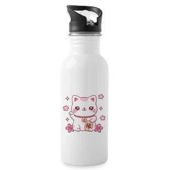 Cute Maneki Neko Japan Good Luck Cat And Flowers - Water bottle with straw - white - Right