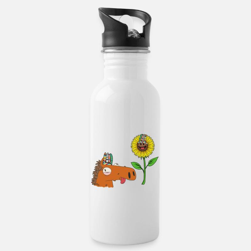 Hippie Pferd Pferde Gaul Sonnenblume Reiterin - Trinkflasche mit integriertem Trinkhalm - Weiß
