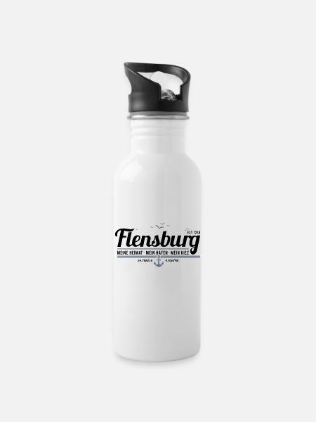 Flensburg - meine Heimat, mein Hafen, mein Kiez - Trinkflasche mit integriertem Trinkhalm - Weiß