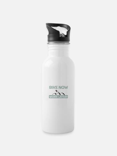 Bike now - work later - Trinkflasche mit integriertem Trinkhalm - Weiß