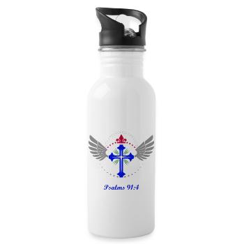 Psalm 91:4, cross, religious, wings, crown, appearance - Water bottle with straw - white - Right