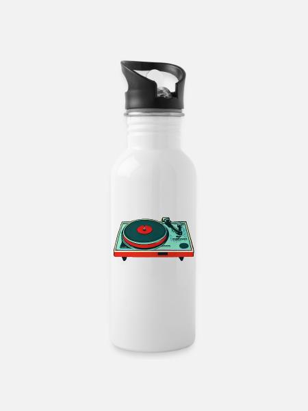 Plattenspieler bunt - Trinkflasche mit integriertem Trinkhalm - Weiß