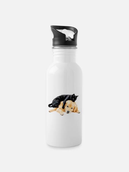 Black cat and golden retriever - Water bottle with straw - white