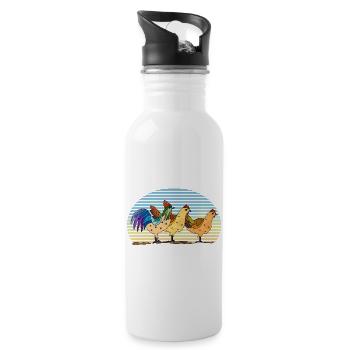 Hahn und Hühner - Trinkflasche mit integriertem Trinkhalm - Weiß - Rechts