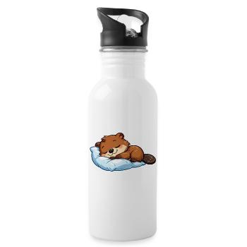 Schlafender Biber auf blauem Kissen - Trinkflasche mit integriertem Trinkhalm - Weiß - Rechts