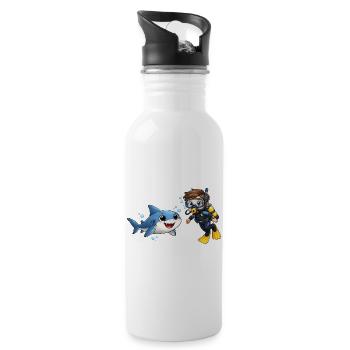 Diver Kid with Shark Funny Ocean Cartoon - Water bottle with straw - white - Right