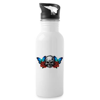Skull Skull Roses Flowers Butterfly - Water bottle with straw - white - Right