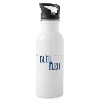 Blue Flower Bloom in French Typography - Water bottle with straw - white - Right