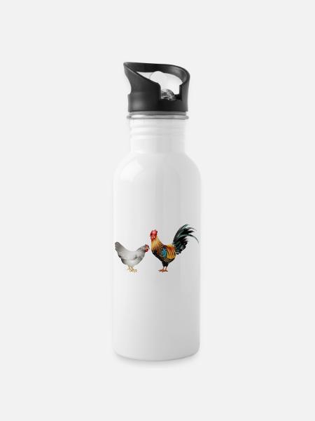 stattlicher farbenprächtiger Hahn mit einer Henne - Trinkflasche mit integriertem Trinkhalm - Weiß