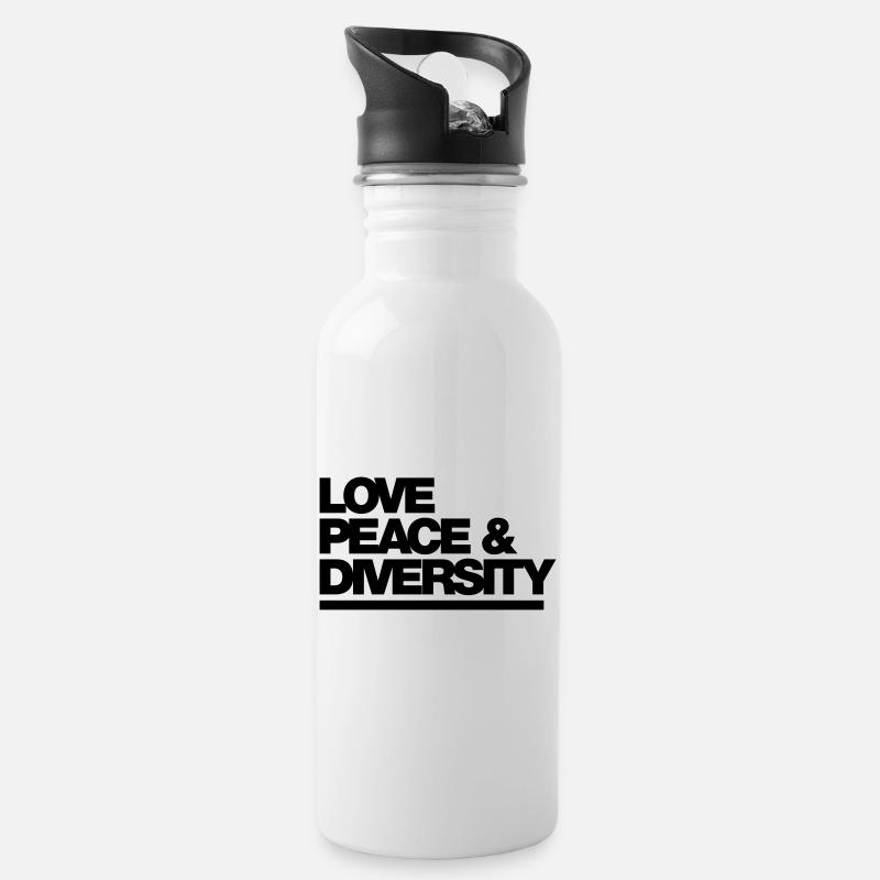 Typo Love Peace Diversity 1C - Trinkflasche mit integriertem Trinkhalm - Weiß