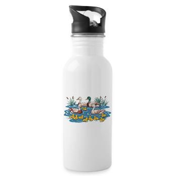 Duck Family Pond Scene - Water bottle with straw - white - Right
