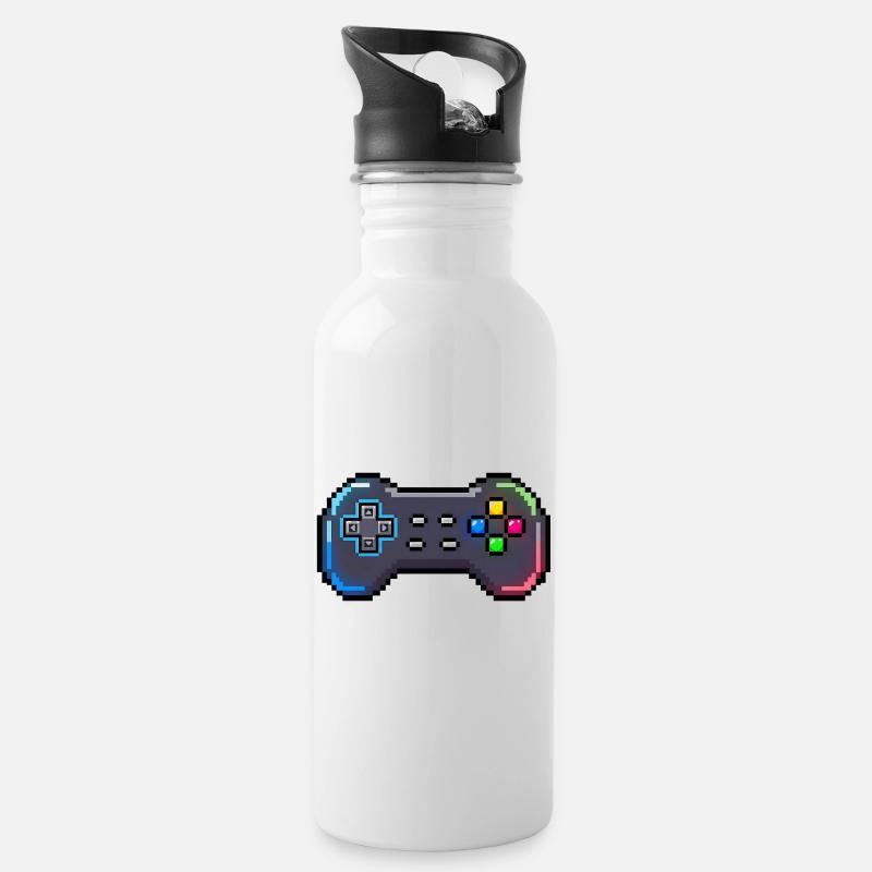 Retro-Gamepad Neon-Pixelstil - Trinkflasche mit integriertem Trinkhalm - Weiß
