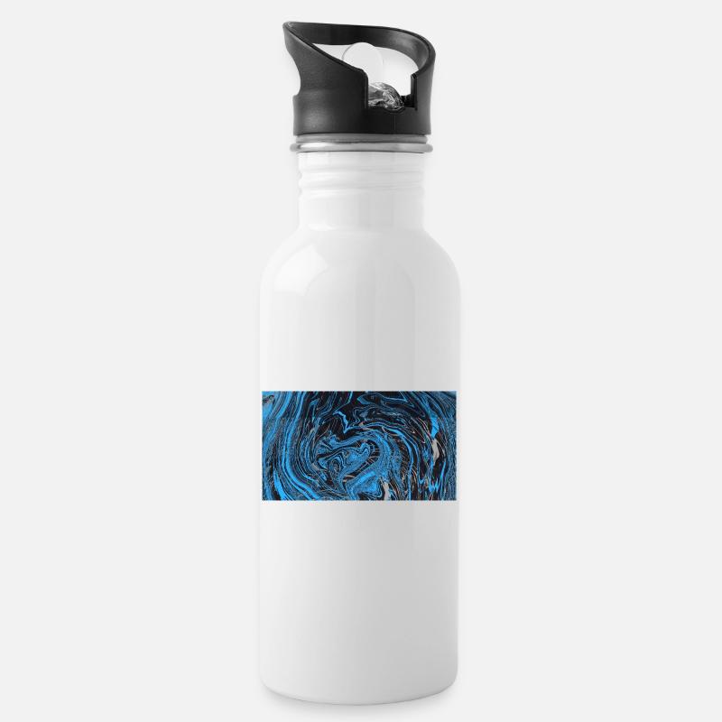 Blau Schwarz Marmorfluss - Trinkflasche mit integriertem Trinkhalm - Weiß