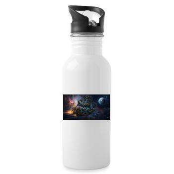 Steampunk Space Ship in Deep Space - Water bottle with straw - white - Right