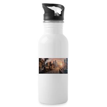 Time Travel: Retro Steam Train and Futuristic City - Water bottle with straw - white - Right